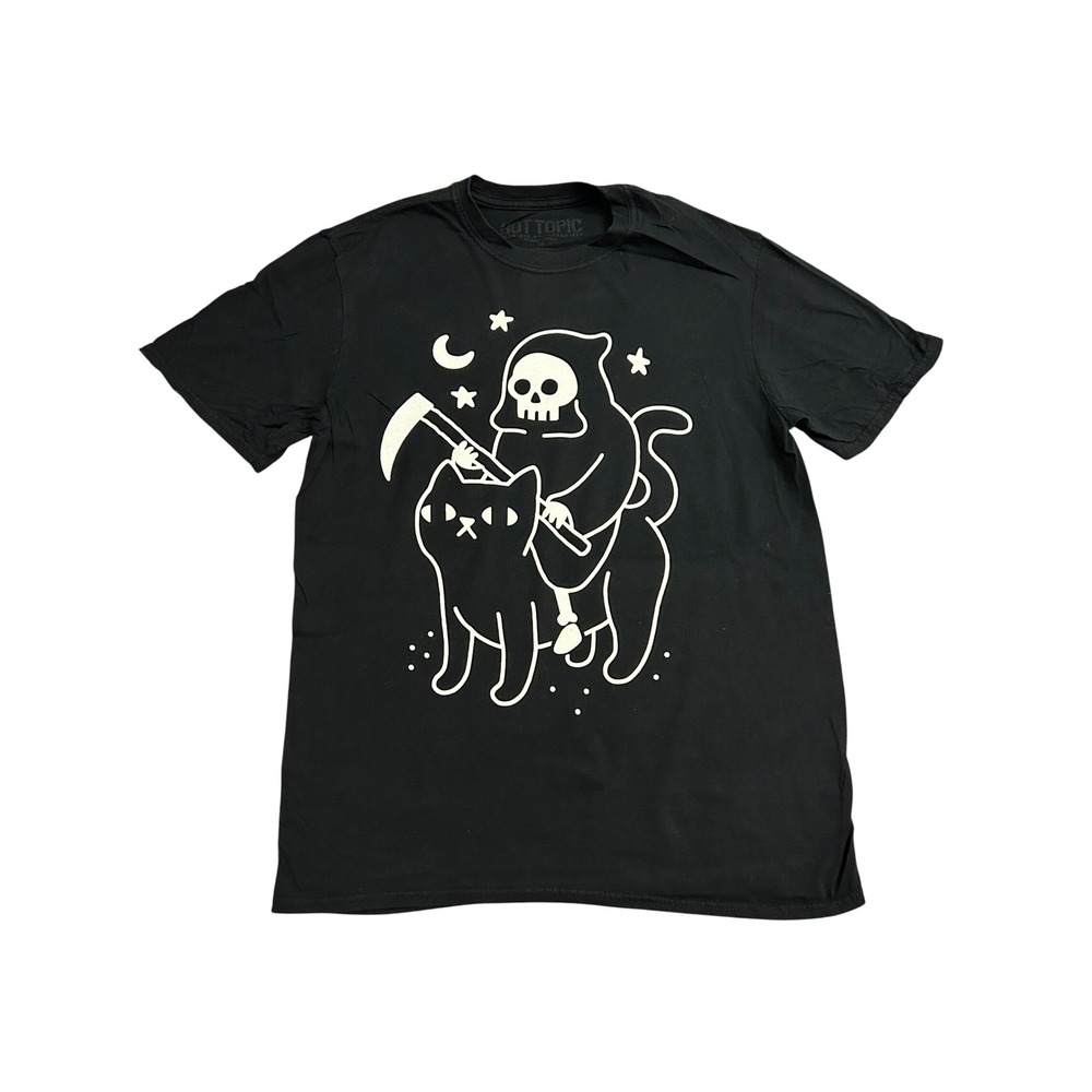 Hot Topic Graphic Tee Mens Medium Black Excellent Grim Reaper Riding Cat Shirt
